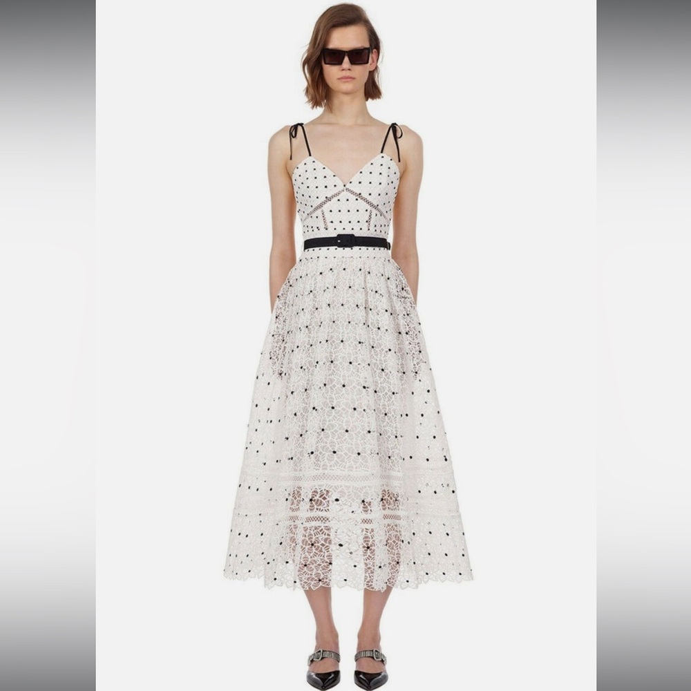 New Self-Portrait Belted White Black Polka Dot Lace Midi Dress
